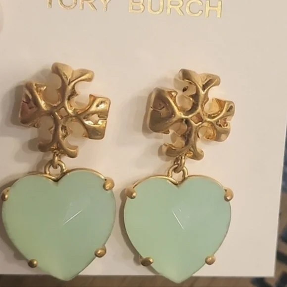 Tory Burch Gold and Mint Heart Earrings - Picture 2 of 3